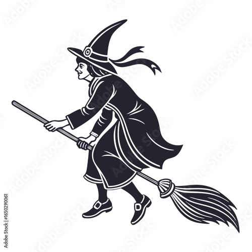 A mysterious witch elegantly glides on her broomstick, casting spells under the moon isolated on white background