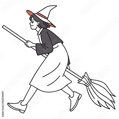 A minimalist style witch flying on a broomstick, isolated on white background