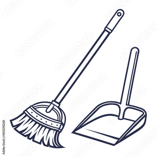 Dustpan and broom for cleaning isolated on white background, a tool for sweeping the floor and collecting garbage
