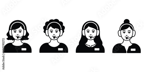 Four diverse female customer service agents wearing headsets, providing online support