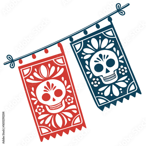 Festive day of the dead papel picado garland isolated on white background, a vibrant celebration of mexican culture
