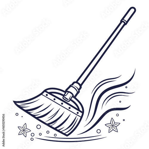 Illustration of a broom sweeping dust and debris, isolated on white background