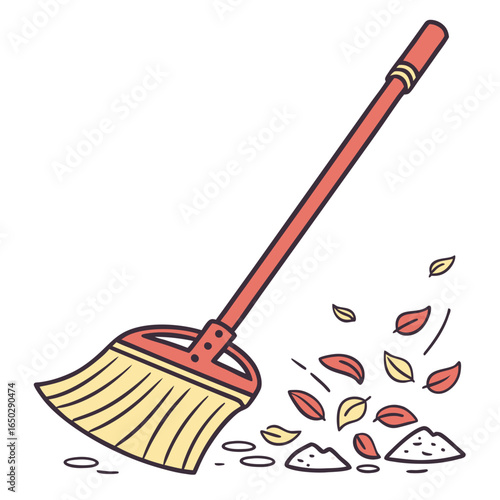 Illustration of a broom sweeping fallen leaves on the ground isolated on white background