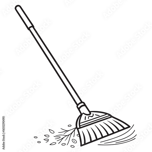 Illustration of a broom sweeping leaves and debris isolated on white background