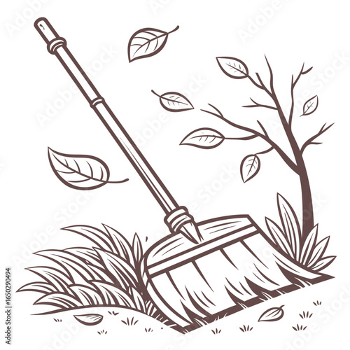 Illustration of a broom sweeping leaves in the yard isolated on white background