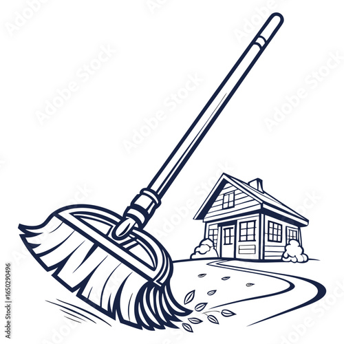 Illustration of a broom sweeping leaves in front of a house, isolated on white background