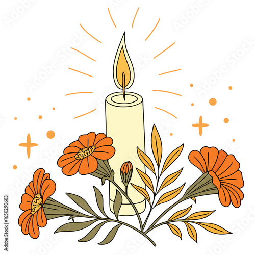 Illustration of a candle and marigold flowers for dia de los muertos isolated on white background