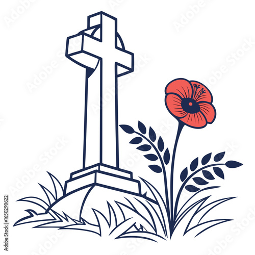 Illustration of a celtic cross and poppy isolated on white background for remembrance day