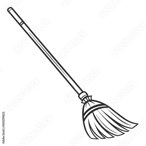 Illustration of a classic broom with a wooden handle isolated on white background for cleaning and sweeping purposes