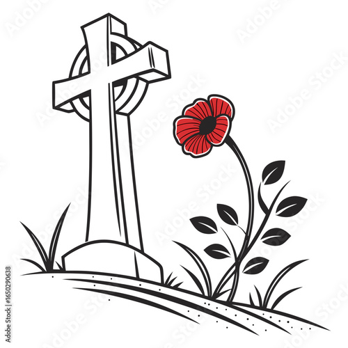 Illustration of a cross and poppy flower, a symbol of remembrance and respect isolated on white background