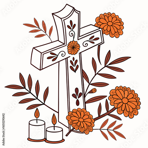 Illustration of a cross, flowers, and candles for the day of the dead celebration isolated on white background
