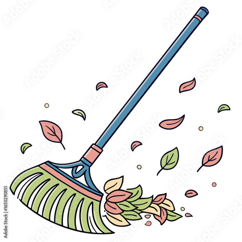 Illustration of a rake with colorful leaves isolated on white background for autumn season