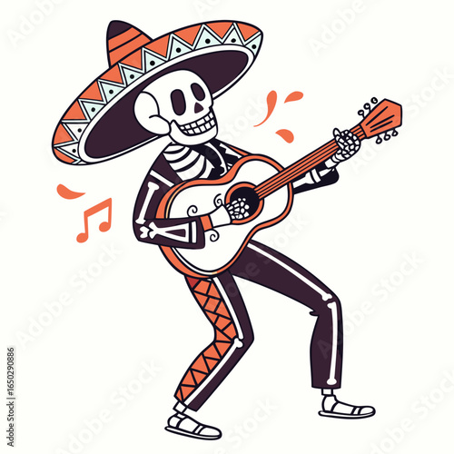 Illustration of a skeleton mariachi playing guitar isolated on white background