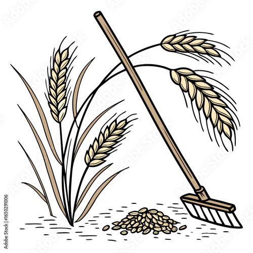Illustration of wheat stalks, grains, and a broom isolated on white background, depicting harvest and cleaning