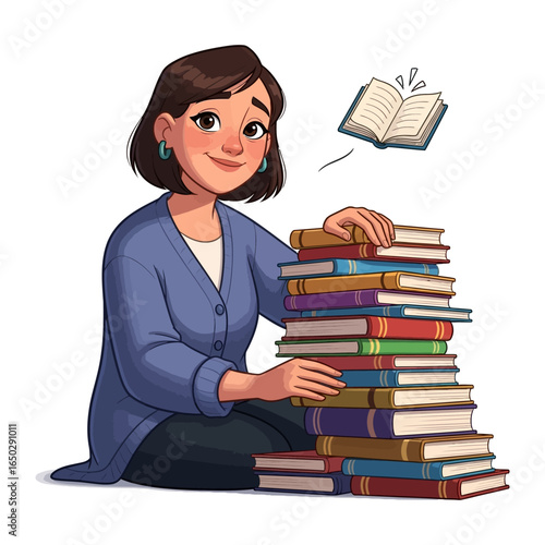 The Avid Reader's Literary Paradise: A cartoon illustration showcases a book lover happily arranging a vibrant stack of literary treasures, envisioning the exciting journey within the pages.
