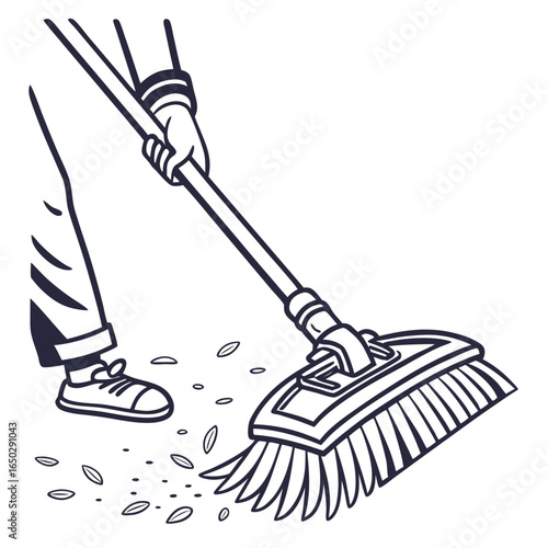 Person sweeping floor with broom isolated on white background, cleaning house and yard from dust and debris