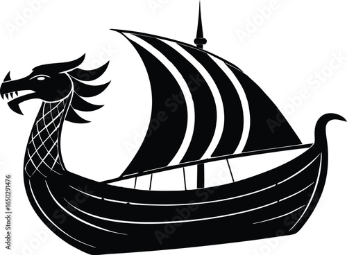 Viking Ship Vector Illustration Silhouette Clipart with Dragon Head Design