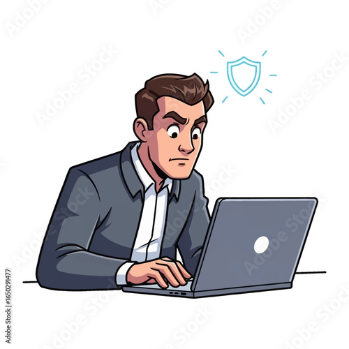 Cybersecurity Concern: A professional individual is deeply engrossed in his computer, accompanied by a shield icon implying digital protection in a digital cartoon. 