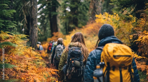Wallpaper Mural Group of hikers walking through autumn forest with colorful leaves   Torontodigital.ca