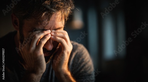 Wallpaper Mural Man expressing feelings of depression while sitting in a dim room, banner with copy space Torontodigital.ca