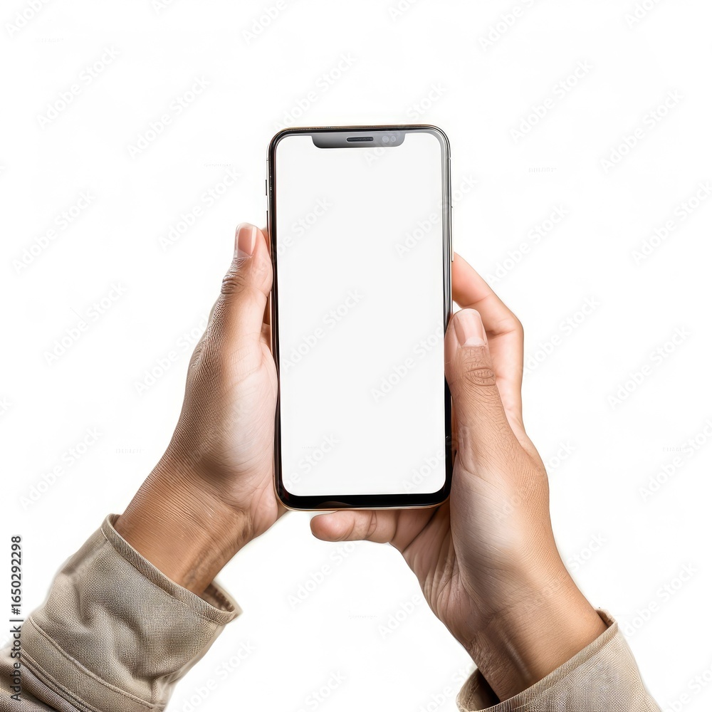 Hands holding a smartphone with blank screen