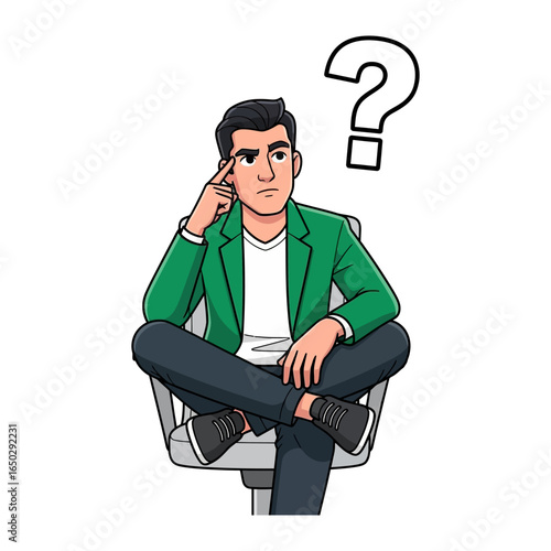 Contemplative Thought: A man in a green jacket sits pensively, pondering a question mark, embodying the depth of thought and contemplation with vibrant graphical style.