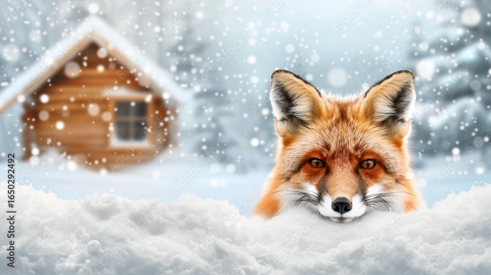 Obraz premium A red fox roams through a snowdraped forest in Finnish Lapland, with a rustic hut adding charm to the winter scene.