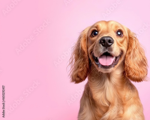 Adorable golden cocker spaniel with floppy ears and bright eyes, looking directly forward with a happy expression, against a solid pink background