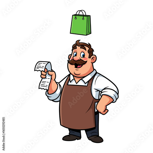 Shopkeeper and Shopping Bag: A friendly shopkeeper, sporting a jovial mustache and apron, gleefully brandishes a receipt with a green shopping bag floating overhead.