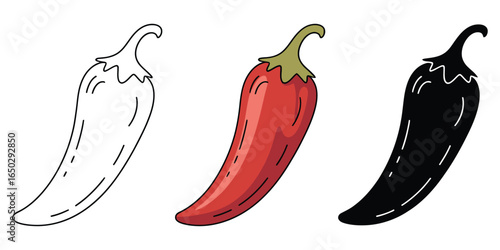 Various chili pepper illustrations in outline, red, and black silhouette versions