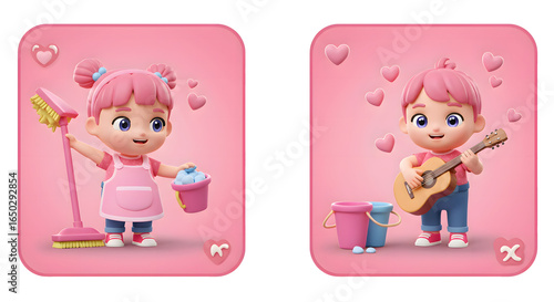 Cute Girl Cleaning and Playing Guitar