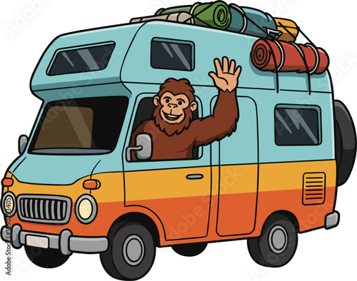 vector illustration of a Bigfoot riding a van going to a picnic and camping
