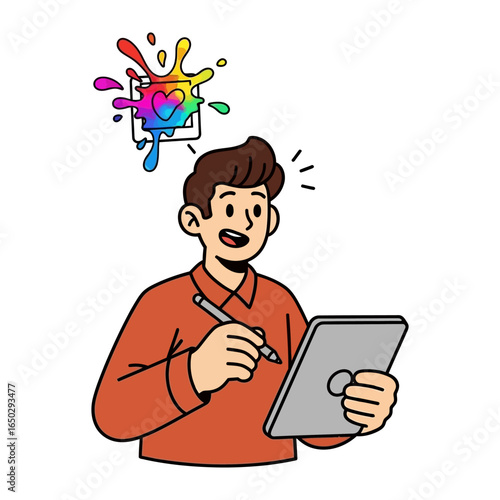 Artistic Spark: An artist is immersed in creativity, brainstorming with a tablet and a burst of colorful ideas, embodying the essence of inspiration and imaginative expression.