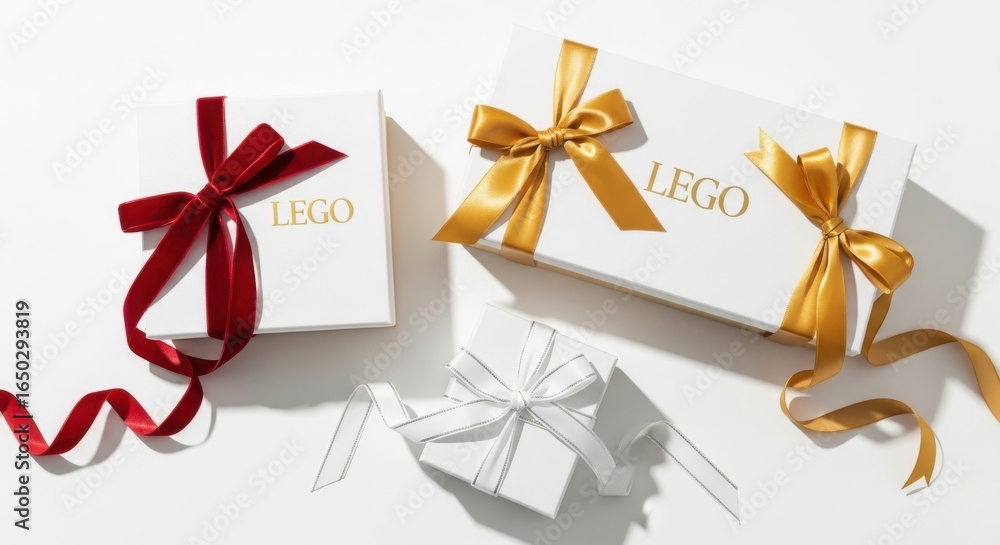 Obraz premium Elegant LEGO Gifts - White Boxes with Red, Gold, and White Ribbons on White Background.
