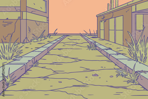 Abandoned Street with Overgrown Grass and Cracked Pavement vector illustration