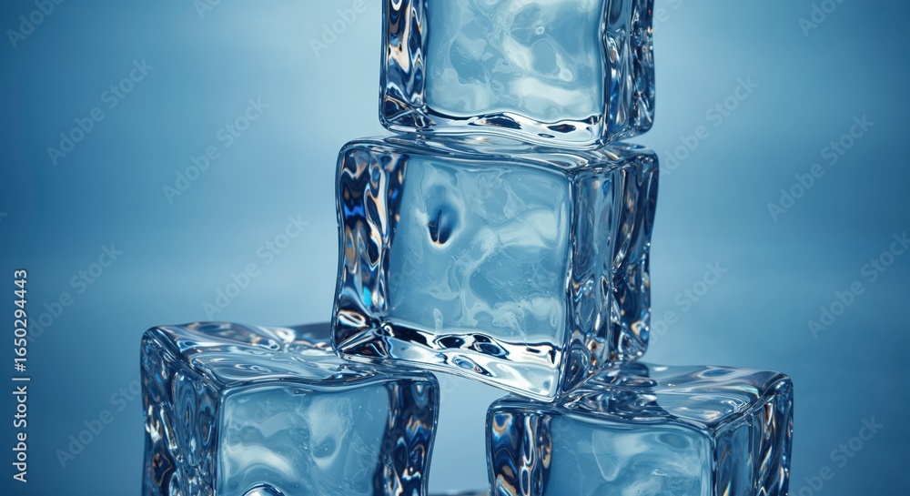 Crystalline Ice Cubes: A refreshing view of five perfectly transparent ice cubes stacked, evoking a sense of cool refreshment against a blurred background. Crystalline Ice Cubes: A refreshing view of five perfectly transparent ice cubes stacked, evoking a sense of cool refreshment against a blurred background.