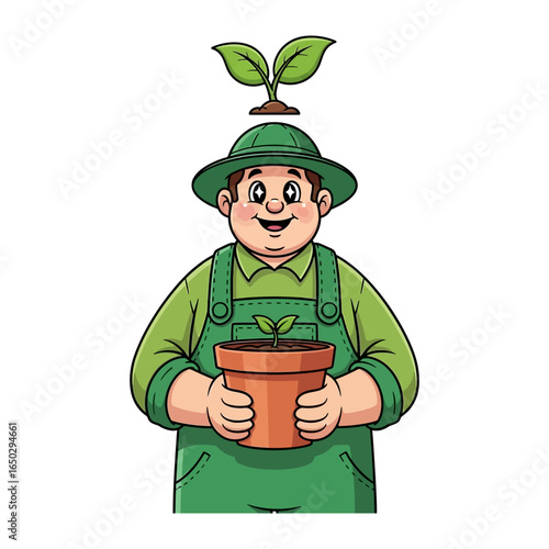 Nurturing Growth: A cartoon gardener happily cradles a potted plant in their hands, symbolizing the joy and care of nurturing new life.