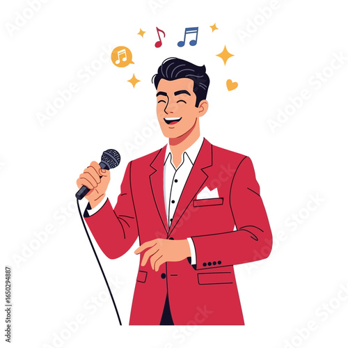 Singer's Serenade: A poised male vocalist, radiating passion, grips a microphone, notes of melody dance around him, representing artistic expression and the heart of performance.