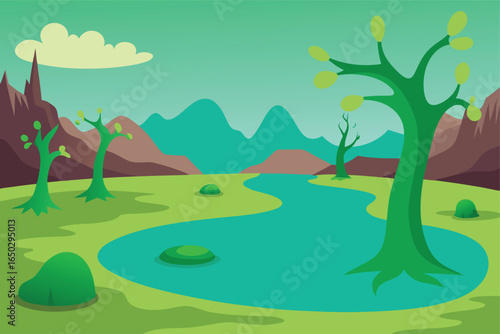 Post Apocalyptic Landscape With Green Acid Puddles