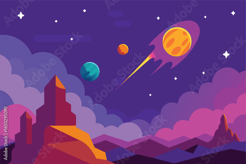 Cartoon Vector Sky With A Purple Nebula And Comets