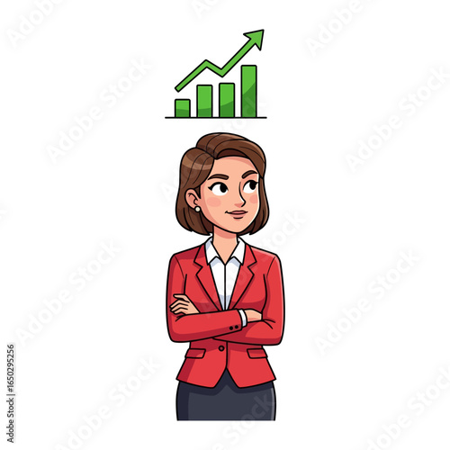 Vision of Growth: A determined business woman envisions future financial growth, her gaze fixed towards an upward trending chart, representing aspirations and strategic thinking. 