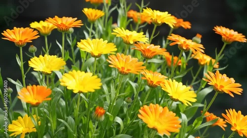 Vibrant marigold blossoms in a garden bed