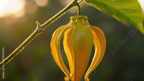 Close-up of a vibrant yellow ylang-ylang flower, showcasing its delicate petals and natural beauty.