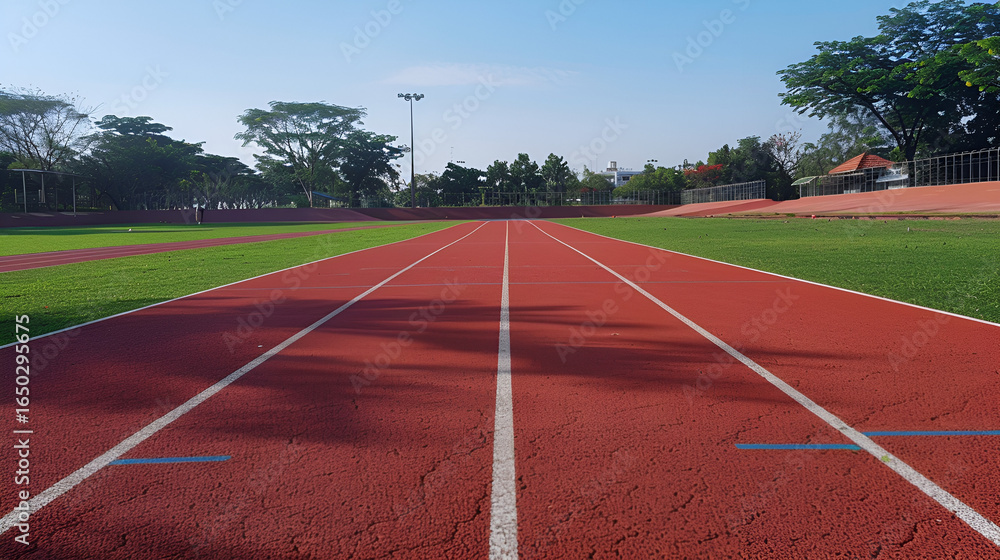 Fototapeta premium Empty running track ready for athletes training outdoors on a sunny day