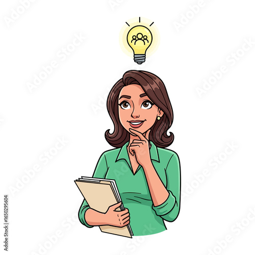Illuminated Thought: A portrait captures a woman immersed in thought, with an illuminated light bulb hovering above her, suggesting a flash of inspiration and creativity.