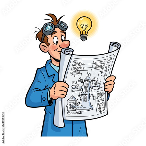 Engineer with Blueprints and Idea: An engineer, with a gleam in his eye and an illuminating lightbulb above, reviews intricate blueprints, symbolizing innovation and the spark of creativity.