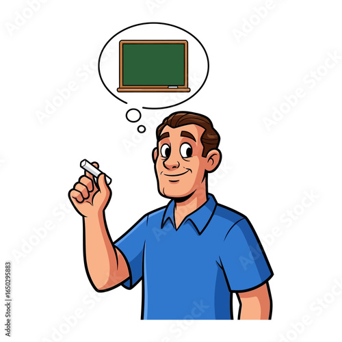 Teacher's Thought: An educator holds chalk, lost in thought of a blank blackboard, ready to inspire and impart knowledge in a graphic style.