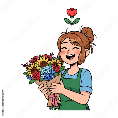 Blossom in Bloom: An artful illustration showcases a cheerful florist, cradling a vibrant bouquet, embodies the beauty of nature and the joy of giving flowers.