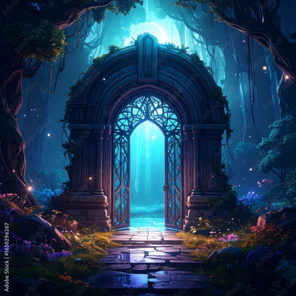 Fototapeta premium Mystical forest archway, glowing path