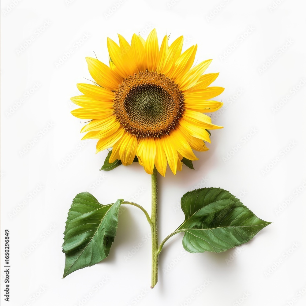 Fototapeta premium Bright yellow sunflower, vibrant petals, green leaves, isolated on white